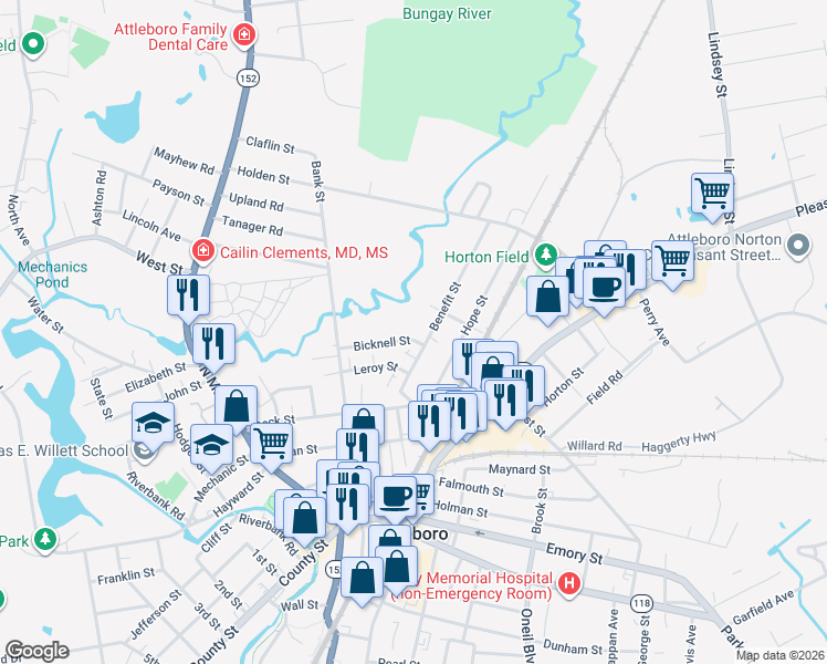 map of restaurants, bars, coffee shops, grocery stores, and more near 40 Bicknell Street in Attleboro