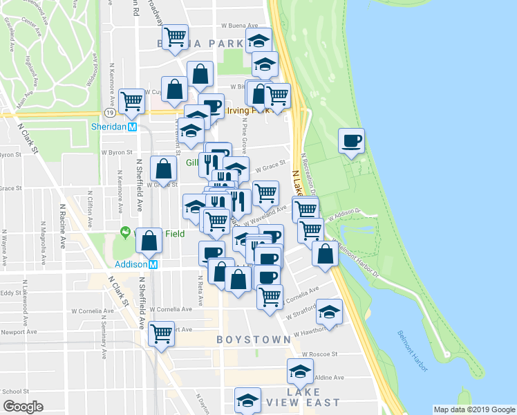 map of restaurants, bars, coffee shops, grocery stores, and more near 3717 North Pine Grove Avenue in Chicago