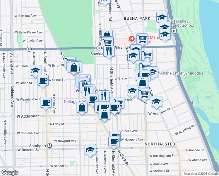 map of restaurants, bars, coffee shops, grocery stores, and more near 3751 North Kenmore Avenue in Chicago