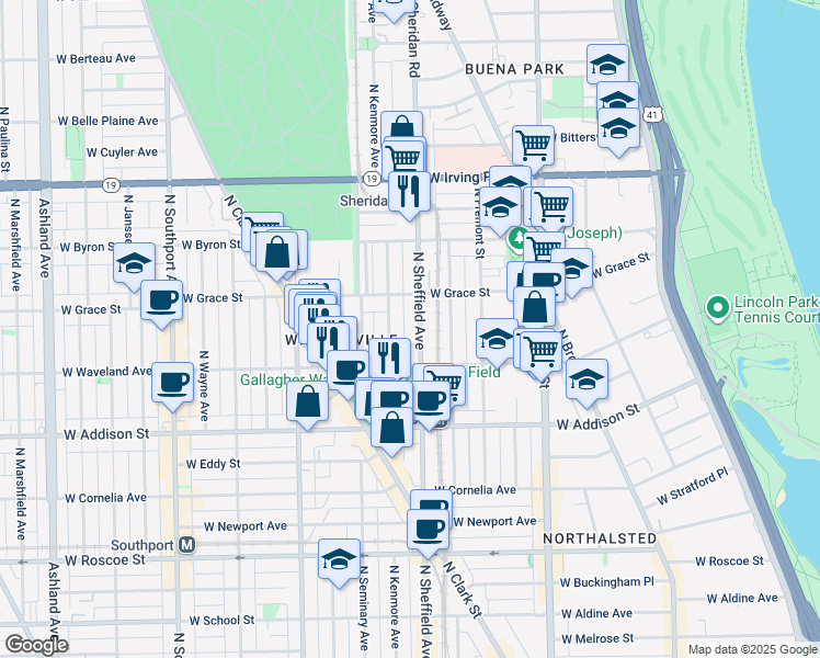 map of restaurants, bars, coffee shops, grocery stores, and more near 3751 North Kenmore Avenue in Chicago