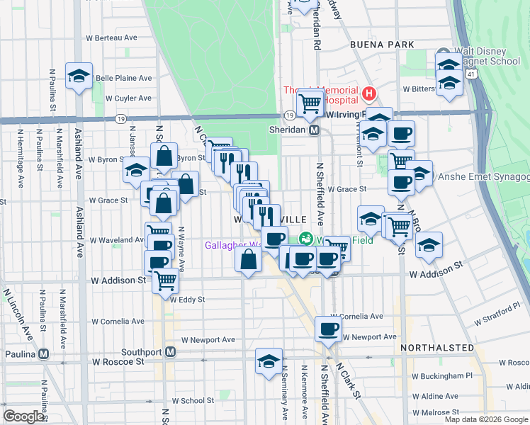 map of restaurants, bars, coffee shops, grocery stores, and more near 3730 North Clark Street in Chicago