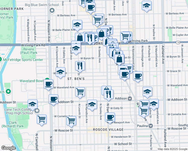 map of restaurants, bars, coffee shops, grocery stores, and more near 3751 North Hoyne Avenue in Chicago