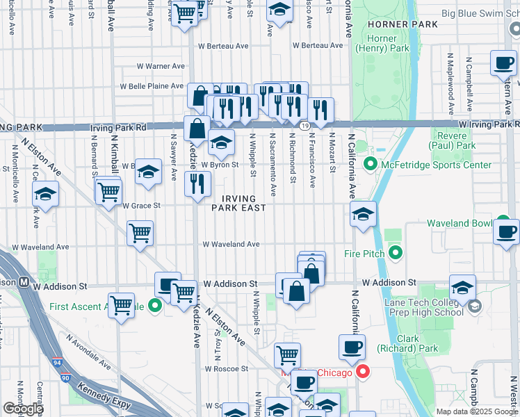 map of restaurants, bars, coffee shops, grocery stores, and more near 3802 North Sacramento Avenue in Chicago