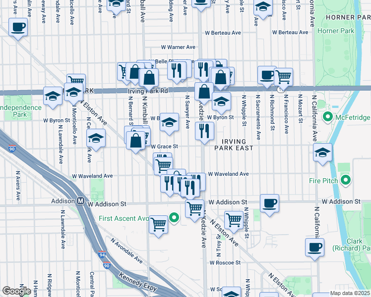 map of restaurants, bars, coffee shops, grocery stores, and more near 3804 North Sawyer Avenue in Chicago