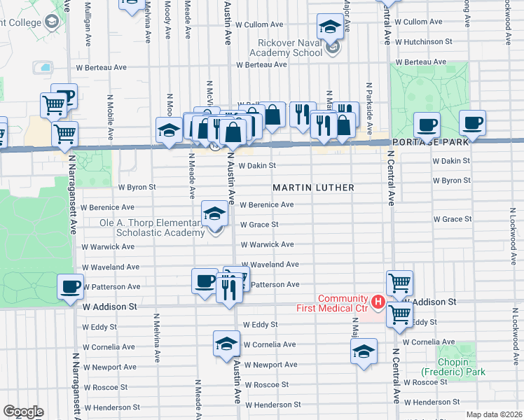 map of restaurants, bars, coffee shops, grocery stores, and more near 5930 West Berenice Avenue in Chicago