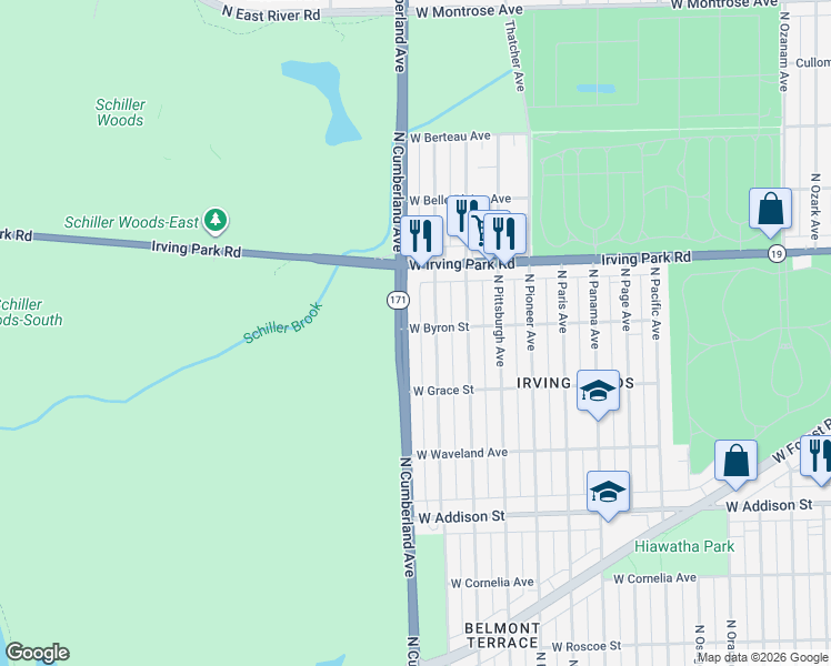 map of restaurants, bars, coffee shops, grocery stores, and more near 3904 North Pontiac Avenue in Chicago