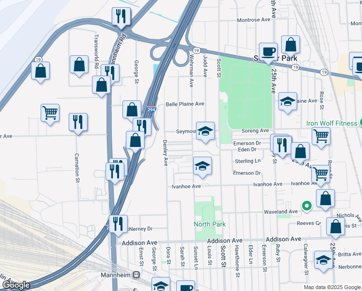 map of restaurants, bars, coffee shops, grocery stores, and more near 3948 Wehrman Avenue in Schiller Park