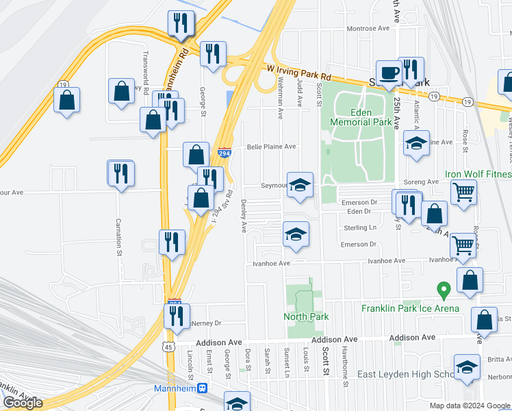 map of restaurants, bars, coffee shops, grocery stores, and more near 3957 Denley Avenue in Schiller Park