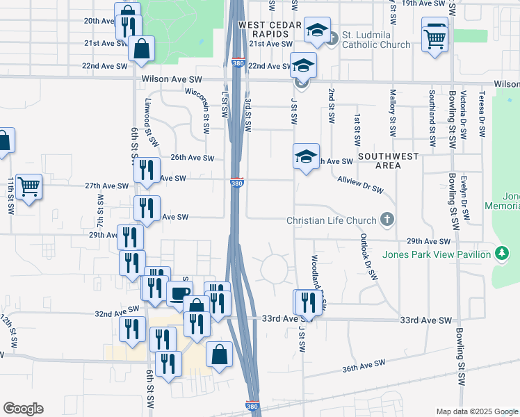 map of restaurants, bars, coffee shops, grocery stores, and more near 288 28th Avenue Southwest in Cedar Rapids