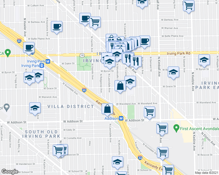 map of restaurants, bars, coffee shops, grocery stores, and more near West Grace Street & North Lawndale Avenue in Chicago