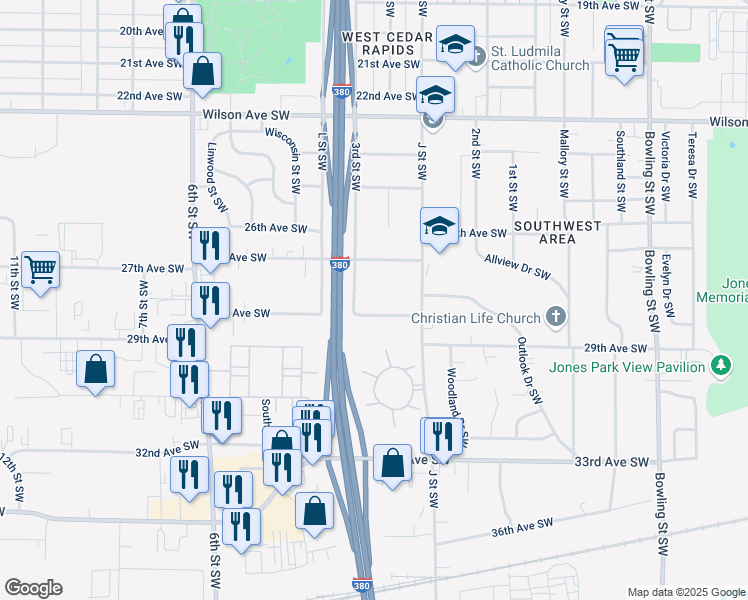 map of restaurants, bars, coffee shops, grocery stores, and more near 288 28th Avenue Southwest in Cedar Rapids