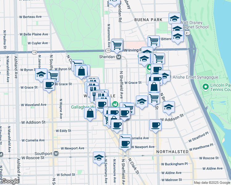 map of restaurants, bars, coffee shops, grocery stores, and more near 3737 North Kenmore Avenue in Chicago