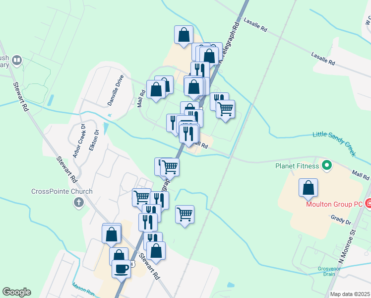 map of restaurants, bars, coffee shops, grocery stores, and more near 2080 North Telegraph Road in Monroe