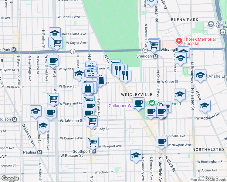 map of restaurants, bars, coffee shops, grocery stores, and more near 3740 North Magnolia Avenue in Chicago