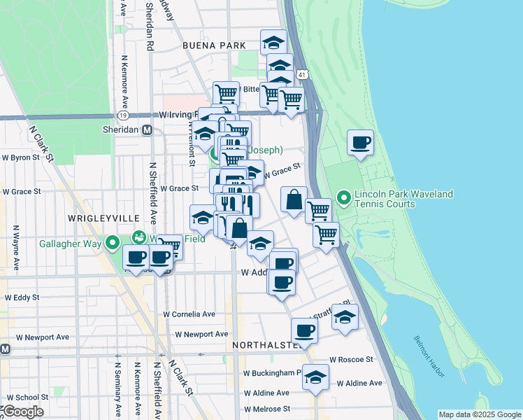 map of restaurants, bars, coffee shops, grocery stores, and more near 3738 North Pine Grove Avenue in Chicago