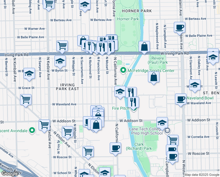 map of restaurants, bars, coffee shops, grocery stores, and more near 3755 North Mozart Street in Chicago