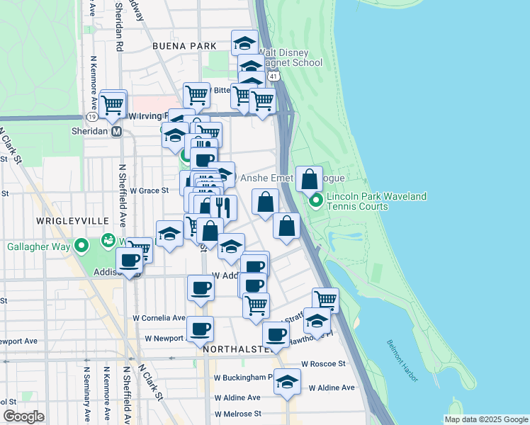 map of restaurants, bars, coffee shops, grocery stores, and more near 630 West Waveland Avenue in Chicago