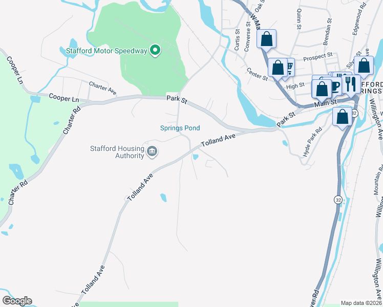 map of restaurants, bars, coffee shops, grocery stores, and more near 46 Tolland Avenue in Stafford