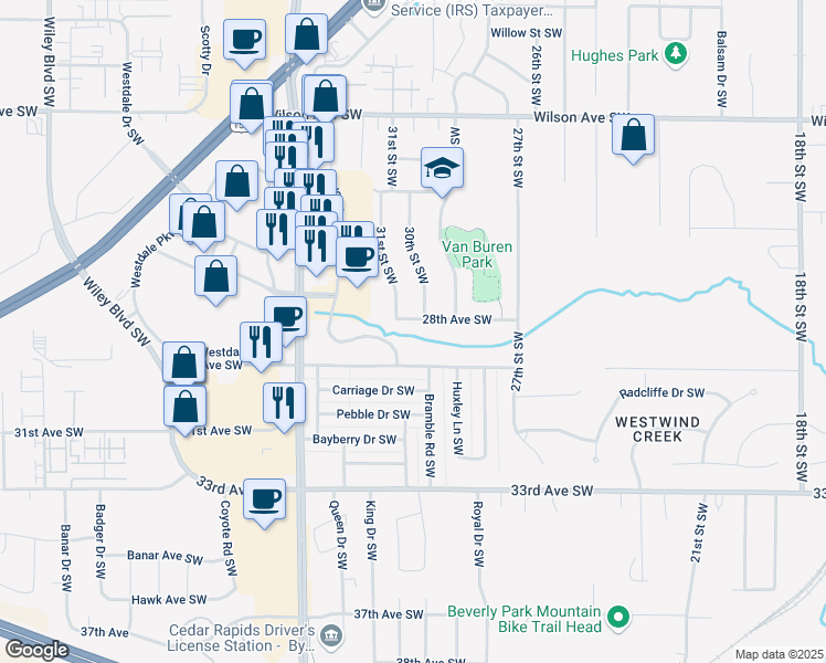 map of restaurants, bars, coffee shops, grocery stores, and more near 3015 28th Avenue Southwest in Cedar Rapids
