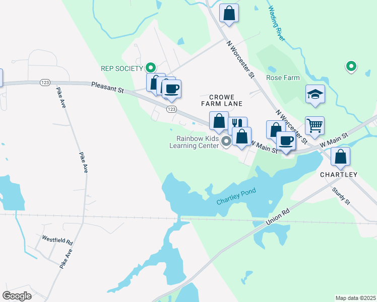 map of restaurants, bars, coffee shops, grocery stores, and more near 380 Old Colony Road in Norton