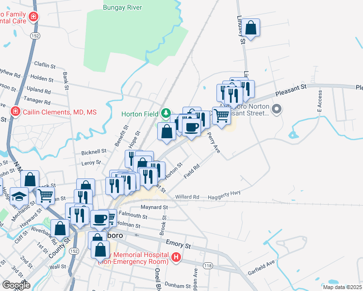 map of restaurants, bars, coffee shops, grocery stores, and more near 8 Angell Street in Attleboro