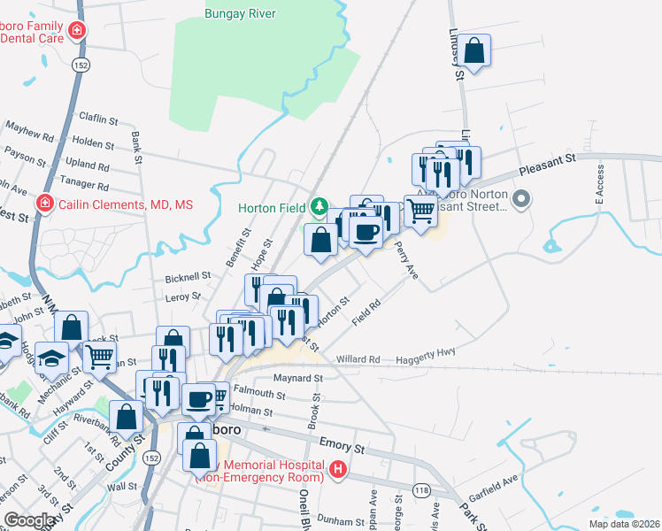 map of restaurants, bars, coffee shops, grocery stores, and more near 8 Angell Street in Attleboro