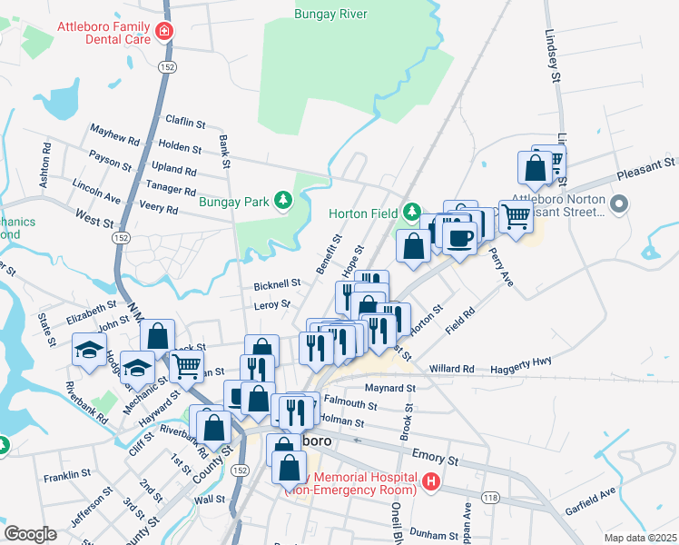 map of restaurants, bars, coffee shops, grocery stores, and more near 41 Benefit Street in Attleboro