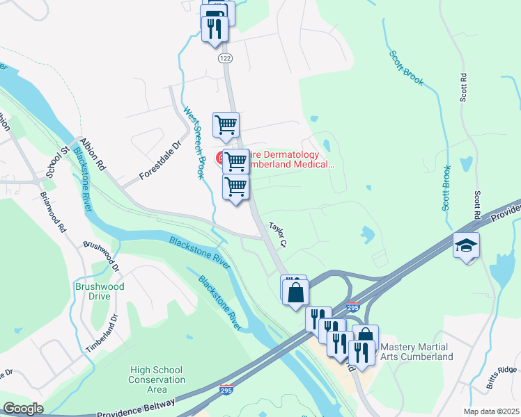 map of restaurants, bars, coffee shops, grocery stores, and more near 2033 Mendon Road in Cumberland