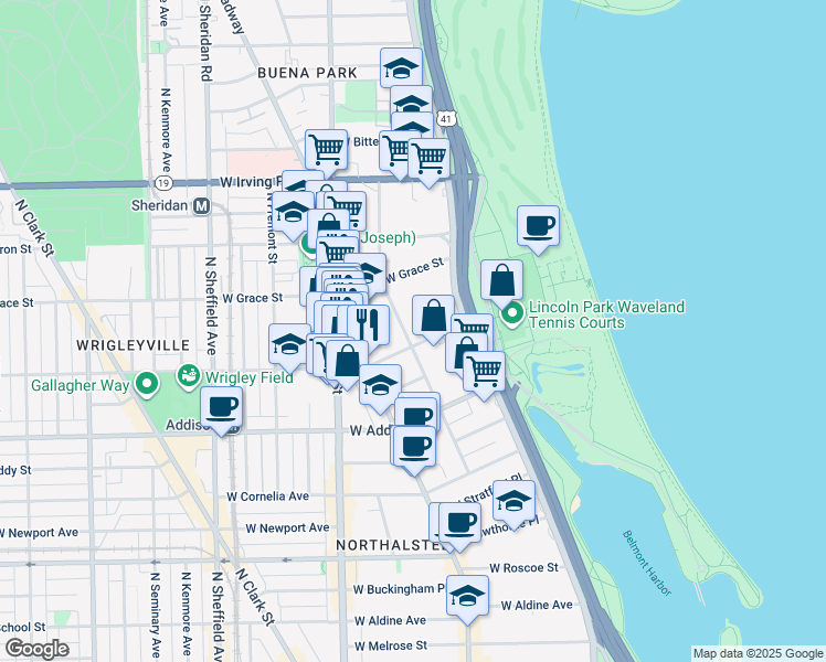 map of restaurants, bars, coffee shops, grocery stores, and more near 3717 North Pine Grove Avenue in Chicago