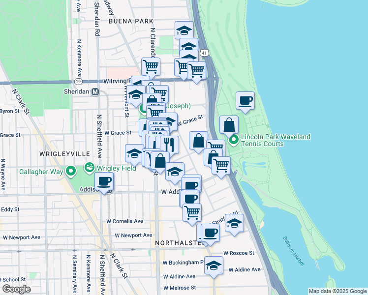 map of restaurants, bars, coffee shops, grocery stores, and more near 3717 North Pine Grove Avenue in Chicago