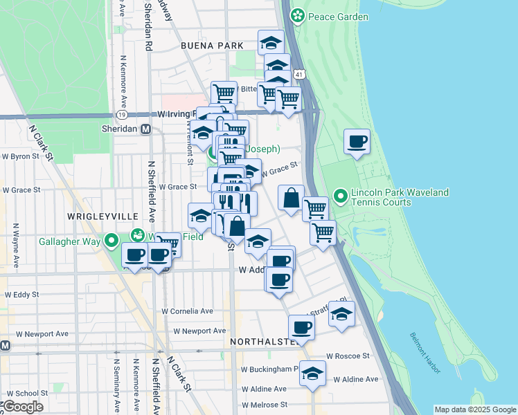 map of restaurants, bars, coffee shops, grocery stores, and more near 3738 North Pine Grove Avenue in Chicago