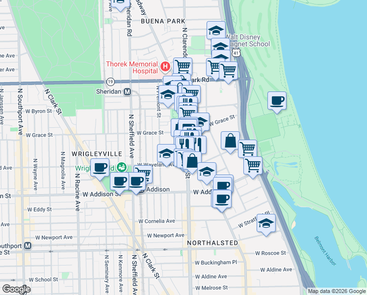 map of restaurants, bars, coffee shops, grocery stores, and more near 3755 North Halsted Street in Chicago