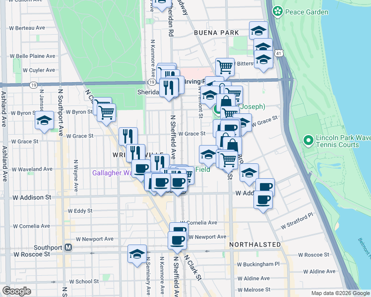 map of restaurants, bars, coffee shops, grocery stores, and more near 3745 North Sheffield Avenue in Chicago