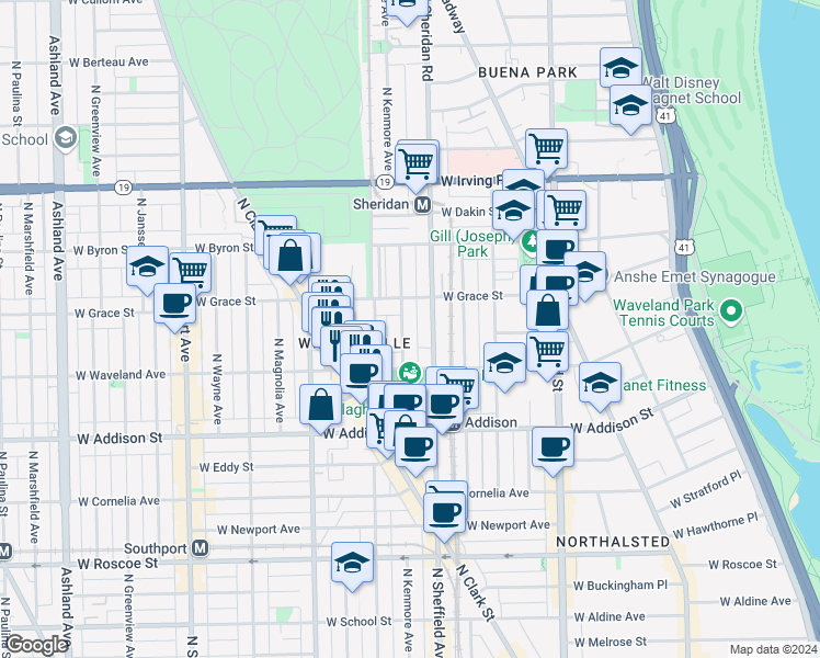 map of restaurants, bars, coffee shops, grocery stores, and more near 3751 North Kenmore Avenue in Chicago