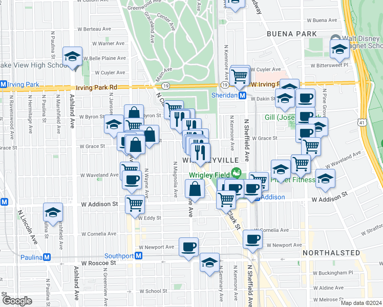 map of restaurants, bars, coffee shops, grocery stores, and more near 3730 North Clark Street in Chicago
