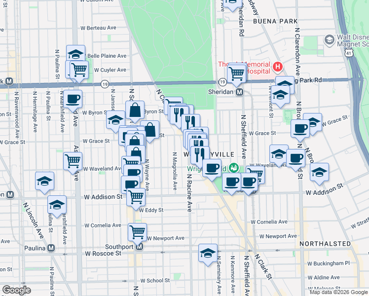 map of restaurants, bars, coffee shops, grocery stores, and more near 3753 North Magnolia Avenue in Chicago