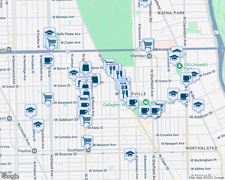 map of restaurants, bars, coffee shops, grocery stores, and more near 3753 North Magnolia Avenue in Chicago