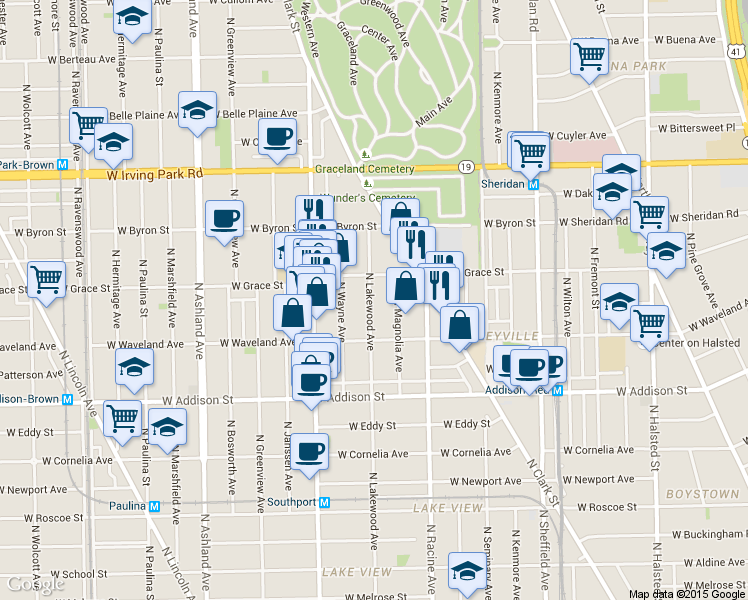 map of restaurants, bars, coffee shops, grocery stores, and more near 3751 North Lakewood Avenue in Chicago