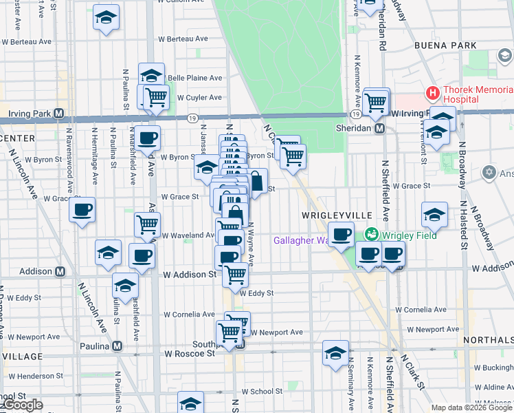 map of restaurants, bars, coffee shops, grocery stores, and more near 3752 North Wayne Avenue in Chicago