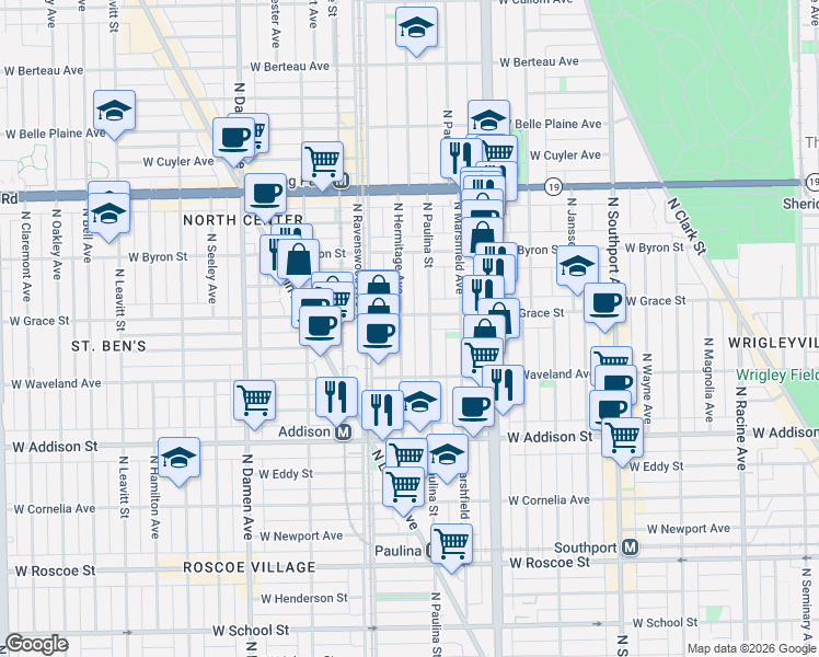 map of restaurants, bars, coffee shops, grocery stores, and more near 3759 North Hermitage Avenue in Chicago