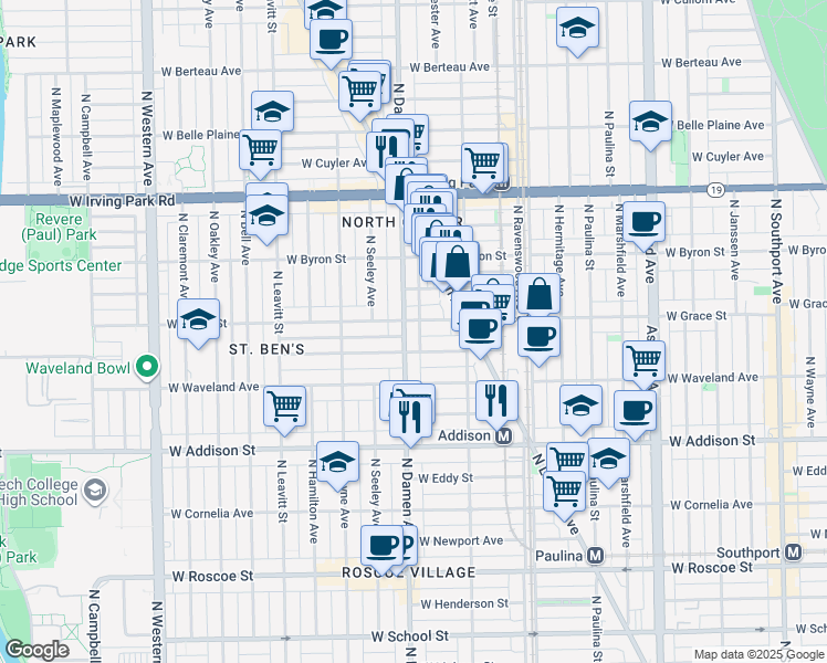 map of restaurants, bars, coffee shops, grocery stores, and more near 1947 West Grace Street in Chicago