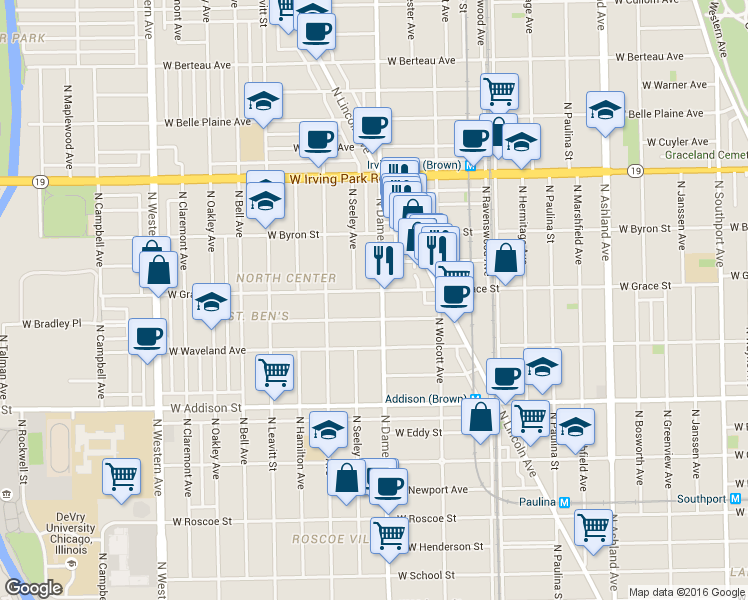 map of restaurants, bars, coffee shops, grocery stores, and more near 2018 West Grace Street in Chicago