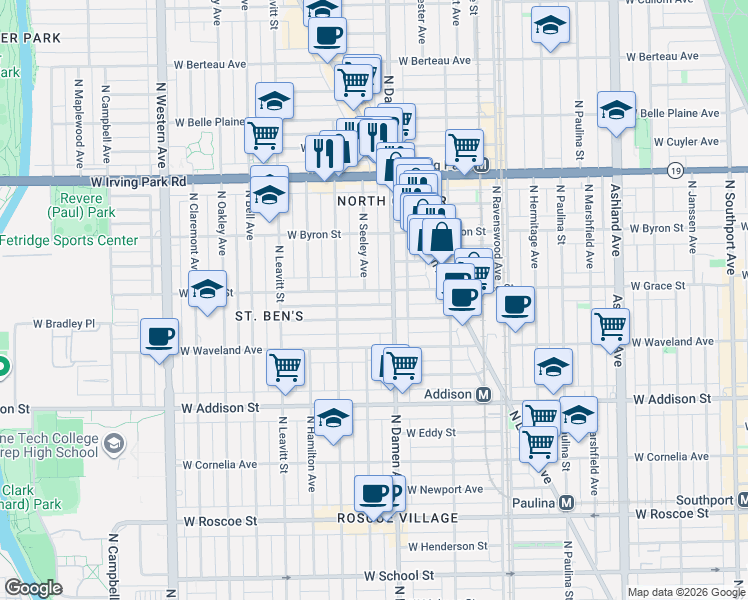 map of restaurants, bars, coffee shops, grocery stores, and more near 2018 West Grace Street in Chicago
