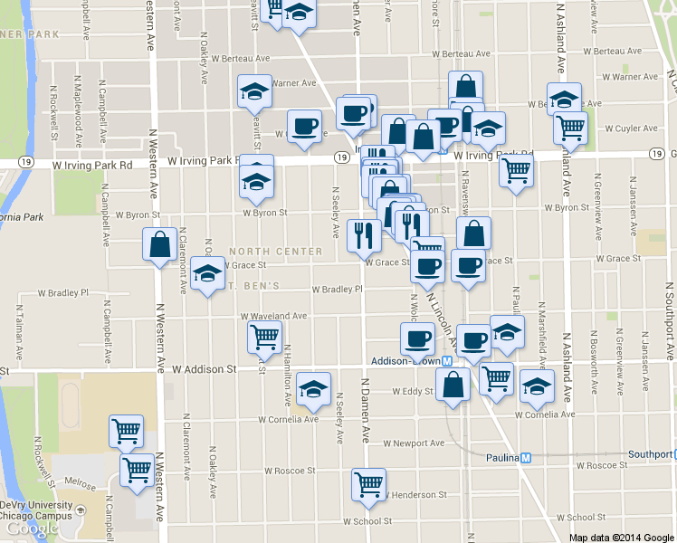 map of restaurants, bars, coffee shops, grocery stores, and more near 2018 West Grace Street in Chicago