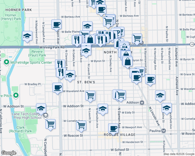 map of restaurants, bars, coffee shops, grocery stores, and more near 2130 West Grace Street in Chicago