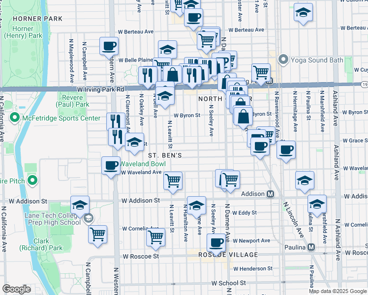 map of restaurants, bars, coffee shops, grocery stores, and more near 2130 West Grace Street in Chicago