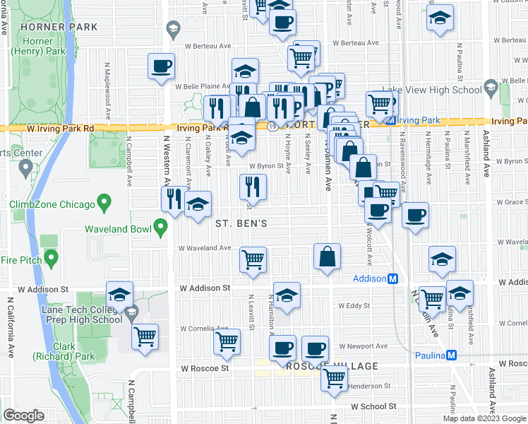 map of restaurants, bars, coffee shops, grocery stores, and more near 2130 West Grace Street in Chicago