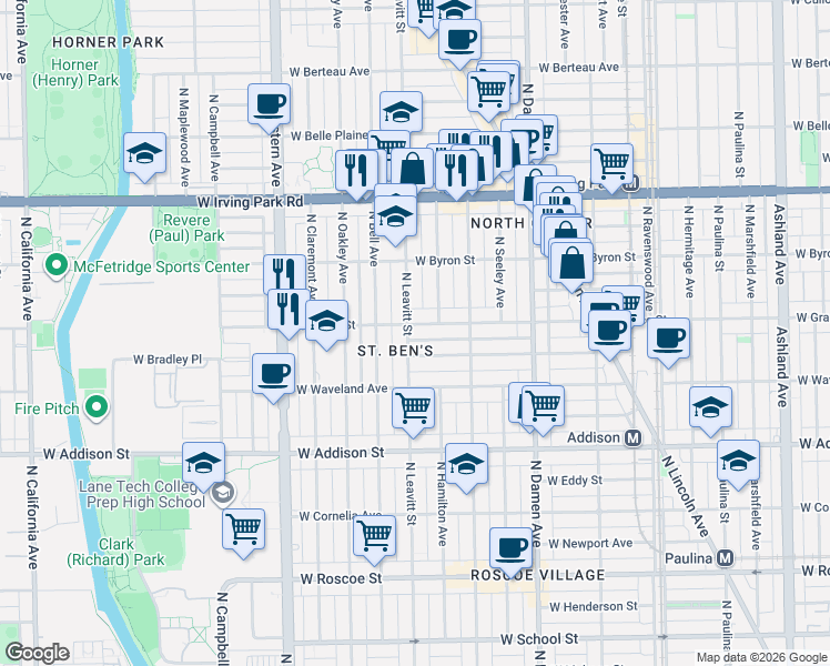 map of restaurants, bars, coffee shops, grocery stores, and more near 2130 West Grace Street in Chicago