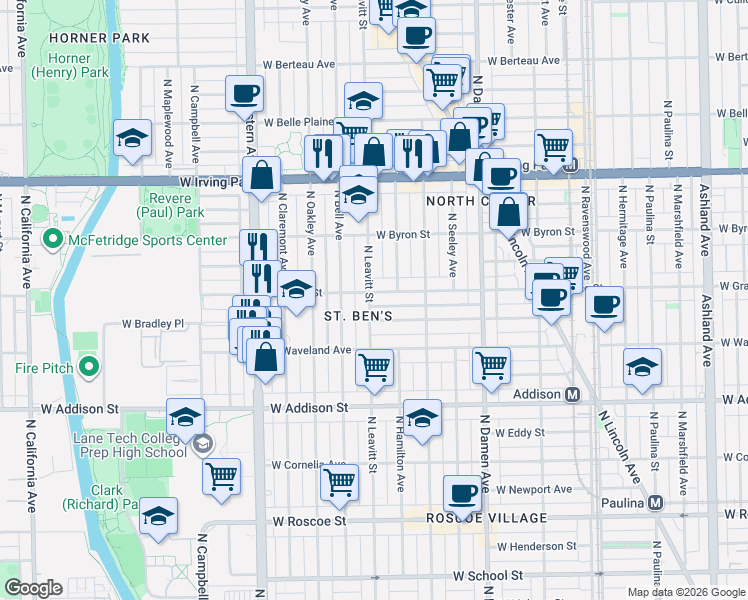 map of restaurants, bars, coffee shops, grocery stores, and more near 3800 North Leavitt Street in Chicago