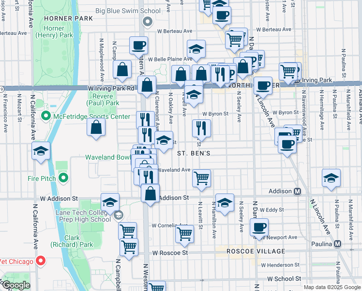 map of restaurants, bars, coffee shops, grocery stores, and more near 2252 West Grace Street in Chicago